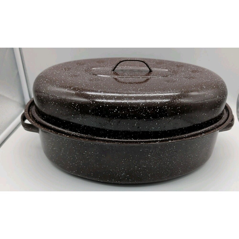 Graniteware Enamel Lrg Oval Oven VTG Brown Roast pan 16 x 12 x 4 in Lid USA